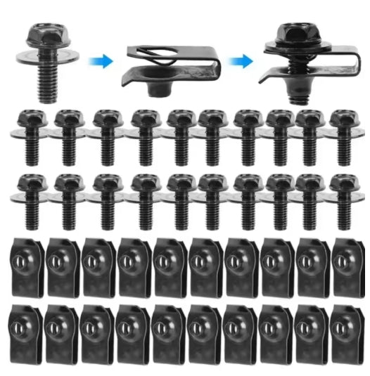 20PCS Car Body Screws & U-Nut Clips Set – Undertray, Bumper, Splash Shield, Hood Lining Retainer & Fastener Kit طقم 20 قطعة مسامير هيكل السيارة مع مشابك U-Nut – مناسب للصدّام، درع الحماية، بطانة الغطاء، وتثبيت الأندر تري