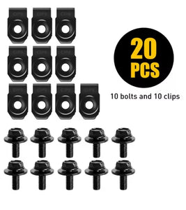 20PCS Car Body Screws & U-Nut Clips Set – Undertray, Bumper, Splash Shield, Hood Lining Retainer & Fastener Kit طقم 20 قطعة مسامير هيكل السيارة مع مشابك U-Nut – مناسب للصدّام، درع الحماية، بطانة الغطاء، وتثبيت الأندر تري