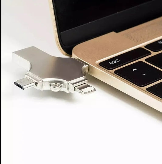 4-in-1 USB Flash Drive 64GB – Type-C, USB, Micro USB, Lightning for Apple, Samsung & Android فلاشة USB معدنية 4 في 1 بسعة 64 جيجابايت – Type-C، USB، Micro USB، Lightning متوافقة مع أجهزة Apple وSamsung وAndroid