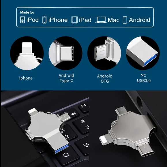 4-in-1 USB Flash Drive 64GB – Type-C, USB, Micro USB, Lightning for Apple, Samsung & Android فلاشة USB معدنية 4 في 1 بسعة 64 جيجابايت – Type-C، USB، Micro USB، Lightning متوافقة مع أجهزة Apple وSamsung وAndroid