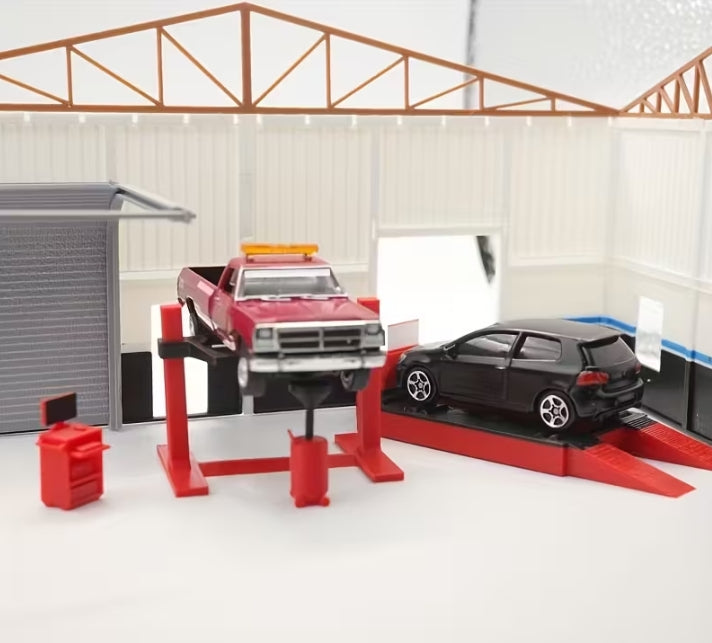1:64 Scale Mini Car Lift & Oil Drainer Set – 4-Piece Garage Repair Platform Accessories for Diecast Car Displays & Dioramas مجموعة رافعات سيارات ومصرف زيت مصغرة 1:64 – طقم 4 قطع لمنصات صيانة الجراج وإكسسوارات مجسمات السيارات والديوارامات