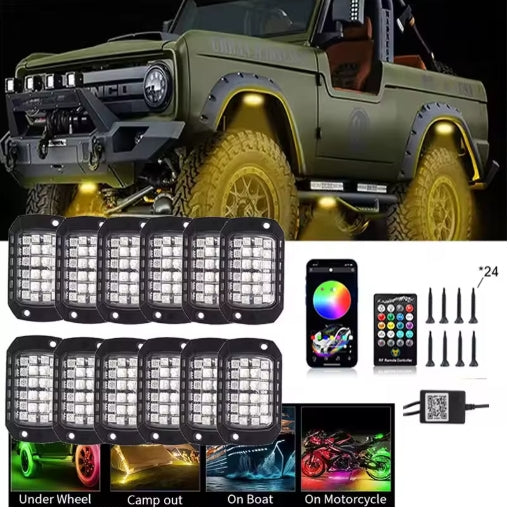 Rock Lights RGB LED 12V – APP & Remote Control, Holographic Lens, Underbody Neon Glow for Off-Road SUV/ATV/UTV أضواء روك RGB LED 12V – تحكم عبر التطبيق والريموت، عدسة هولوغرام، إضاءة نيون سفلية للسيارات والدفع الرباعي/ATV/UTV