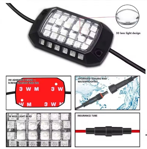 Rock Lights RGB LED 12V – APP & Remote Control, Holographic Lens, Underbody Neon Glow for Off-Road SUV/ATV/UTV أضواء روك RGB LED 12V – تحكم عبر التطبيق والريموت، عدسة هولوغرام، إضاءة نيون سفلية للسيارات والدفع الرباعي/ATV/UTV