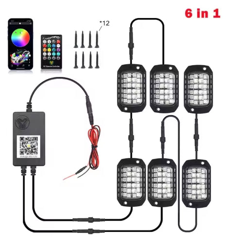 Rock Lights RGB LED 12V – APP & Remote Control, Holographic Lens, Underbody Neon Glow for Off-Road SUV/ATV/UTV أضواء روك RGB LED 12V – تحكم عبر التطبيق والريموت، عدسة هولوغرام، إضاءة نيون سفلية للسيارات والدفع الرباعي/ATV/UTV