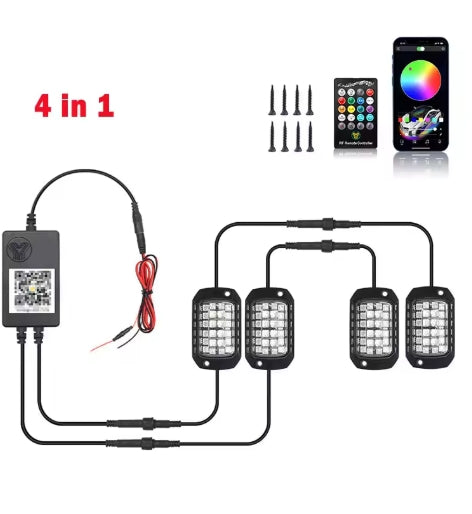Rock Lights RGB LED 12V – APP & Remote Control, Holographic Lens, Underbody Neon Glow for Off-Road SUV/ATV/UTV أضواء روك RGB LED 12V – تحكم عبر التطبيق والريموت، عدسة هولوغرام، إضاءة نيون سفلية للسيارات والدفع الرباعي/ATV/UTV