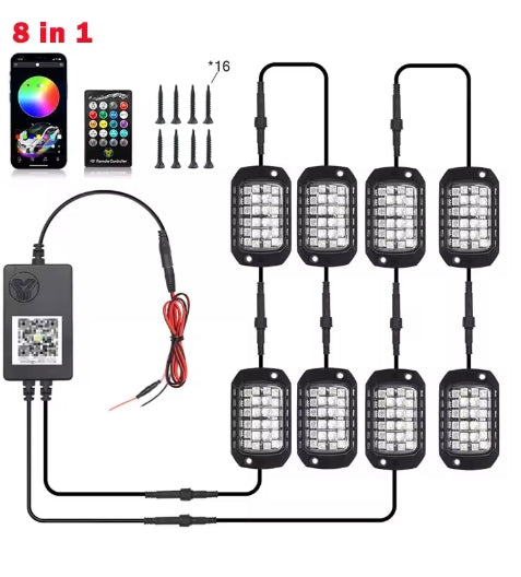 Rock Lights RGB LED 12V – APP & Remote Control, Holographic Lens, Underbody Neon Glow for Off-Road SUV/ATV/UTV أضواء روك RGB LED 12V – تحكم عبر التطبيق والريموت، عدسة هولوغرام، إضاءة نيون سفلية للسيارات والدفع الرباعي/ATV/UTV