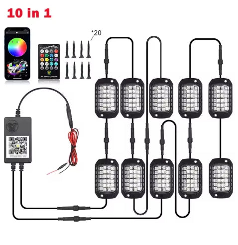 Rock Lights RGB LED 12V – APP & Remote Control, Holographic Lens, Underbody Neon Glow for Off-Road SUV/ATV/UTV أضواء روك RGB LED 12V – تحكم عبر التطبيق والريموت، عدسة هولوغرام، إضاءة نيون سفلية للسيارات والدفع الرباعي/ATV/UTV