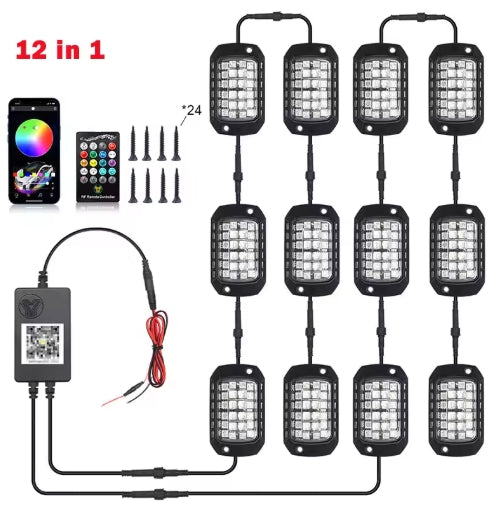 Rock Lights RGB LED 12V – APP & Remote Control, Holographic Lens, Underbody Neon Glow for Off-Road SUV/ATV/UTV أضواء روك RGB LED 12V – تحكم عبر التطبيق والريموت، عدسة هولوغرام، إضاءة نيون سفلية للسيارات والدفع الرباعي/ATV/UTV