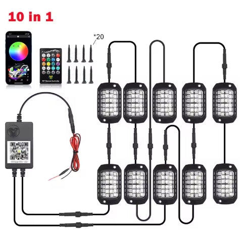 Rock Lights RGB LED 12V – APP & Remote Control, Holographic Lens, Underbody Neon Glow for Off-Road SUV/ATV/UTV أضواء روك RGB LED 12V – تحكم عبر التطبيق والريموت، عدسة هولوغرام، إضاءة نيون سفلية للسيارات والدفع الرباعي/ATV/UTV