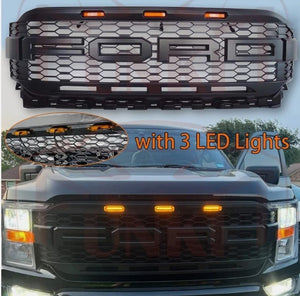 Front Bumper Grille for Ford F-150 2021–2023, Black ABS Grill with Letters & LED Lights, Fits F150 & Raptor شبك صدام أمامي لفورد  مع حروف وأضواء ، يناسب رابتر