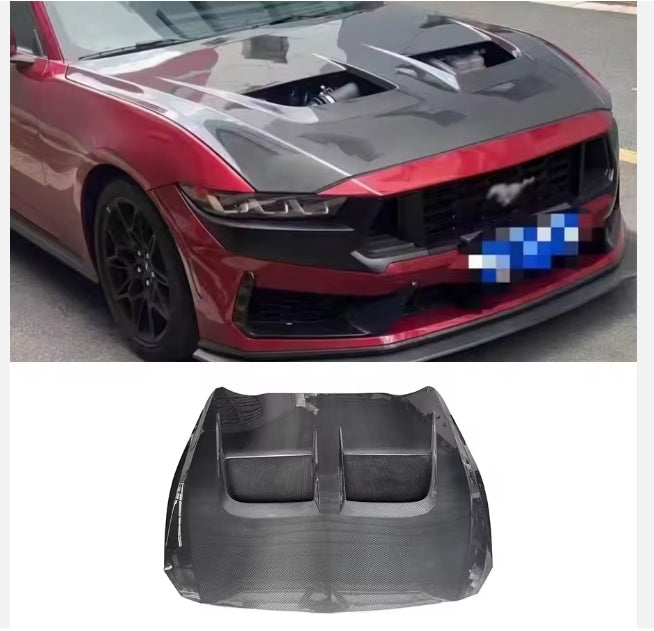 Ford Mustang 2024+ GT Dark Horse S650 GTD Style Carbon Fiber Front Hood Bonnet Engine Cover – Car Body Kit غطاء محرك أمامي من ألياف الكربون بتصميم GTD لسيارة فورد موستانج 2024+ GT دارك هورس S650 – مجموعة هيكل السيارة