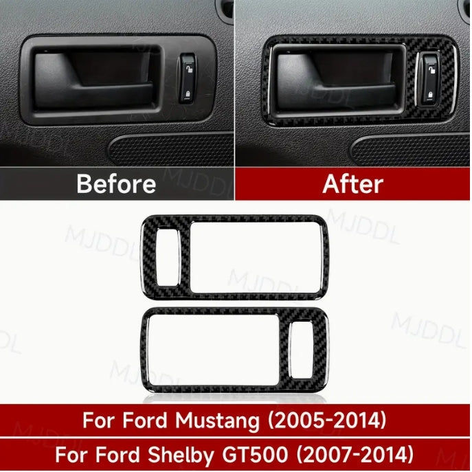Carbon Fiber Door Handle Bowl Trim Stickers, Ford Mustang GT Shelby 2009-2014 ملصقات كربون فايبر لمقابض الأبواب الداخلية,  فورد موستانج شيلبي