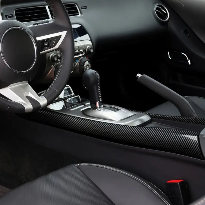 Carbon Fiber Gear Shift Panel Stickers, ABS Decorative Strips for Chevrolet Camaro ZL1 2010-2015 ملصقات لوحة ناقل الحركة من ألياف الكربون, شرائط زخرفية ABS لشيفروليه كامارو ZL1 2010-2015