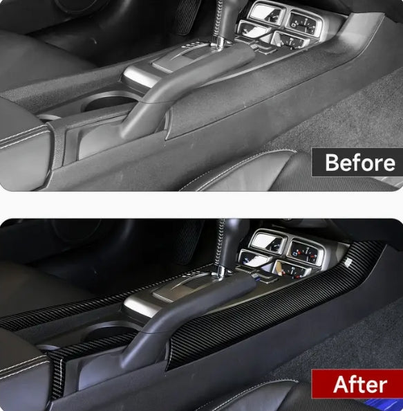 Carbon Fiber Gear Shift Panel Stickers, ABS Decorative Strips for Chevrolet Camaro ZL1 2010-2015 ملصقات لوحة ناقل الحركة من ألياف الكربون, شرائط زخرفية ABS لشيفروليه كامارو ZL1 2010-2015