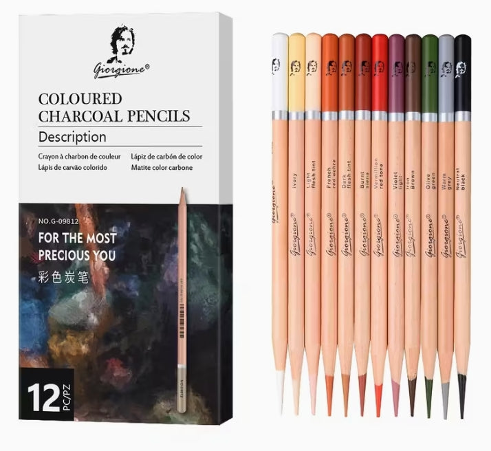 12-24-Color Professional Charcoal Pencils Set, Premium Drawing & Shading Pencils for Artists, Sketching, and Creative Artwork طقم أقلام فحم احترافية 12/24 لون, أقلام رسم وتظليل عالية الجودة للفنانين والتخطيط والإبداع الفني