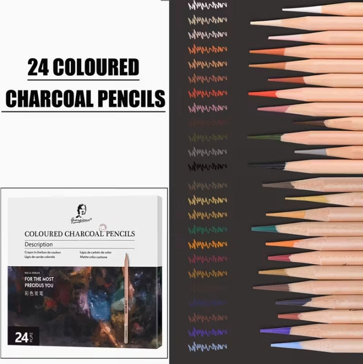 12-24-Color Professional Charcoal Pencils Set, Premium Drawing & Shading Pencils for Artists, Sketching, and Creative Artwork طقم أقلام فحم احترافية 12/24 لون, أقلام رسم وتظليل عالية الجودة للفنانين والتخطيط والإبداع الفني