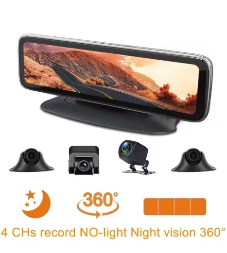 12-Inch Car Rearview Mirror Dash Camera, 4-Lens Touchscreen DVR, DVD Player, Black Box for Full Road Coverage كاميرا داش للسيارة بشاشة 12 بوصة, مرآة خلفية، 4 عدسات، شاشة لمس، مشغل DVD، وصندوق أسود لتغطية الطريق بالكامل