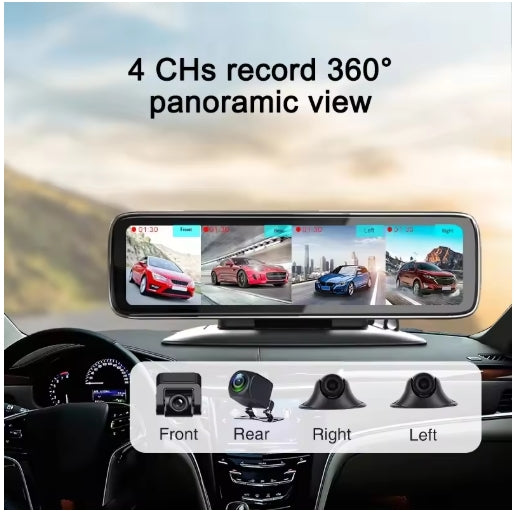 12-Inch Car Rearview Mirror Dash Camera, 4-Lens Touchscreen DVR, DVD Player, Black Box for Full Road Coverage كاميرا داش للسيارة بشاشة 12 بوصة, مرآة خلفية، 4 عدسات، شاشة لمس، مشغل DVD، وصندوق أسود لتغطية الطريق بالكامل