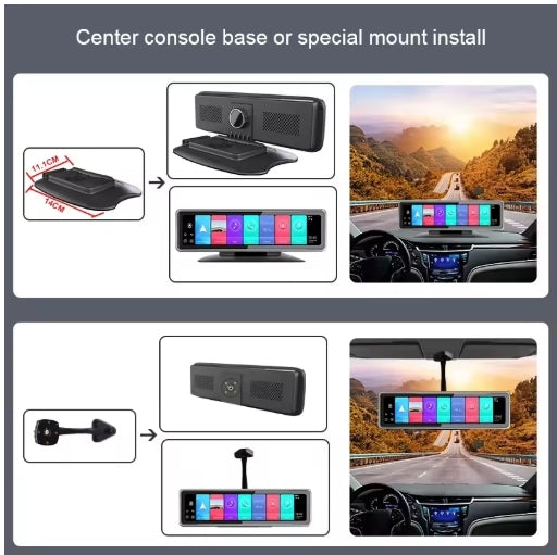 12-Inch Car Rearview Mirror Dash Camera, 4-Lens Touchscreen DVR, DVD Player, Black Box for Full Road Coverage كاميرا داش للسيارة بشاشة 12 بوصة, مرآة خلفية، 4 عدسات، شاشة لمس، مشغل DVD، وصندوق أسود لتغطية الطريق بالكامل