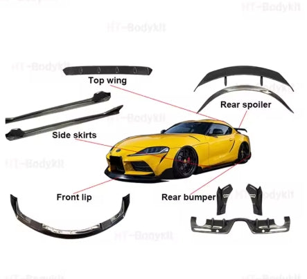 Toyota Supra A90 2019–2022 Full Forged Carbon Fiber Body Kit, Diffuser, Side Skirt, Spoiler & Bumper طقم هيكل كامل من ألياف الكربون لتويوتا سوبرا A90 2019–2022, ديفيوزر، جوانب، جناح خلفي وصدام