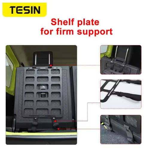 TESIN Car Seat Back Storage Bag & Rack for Suzuki Jimny JB64/JB74 2019-2023, Organize Interior, Easy Access  حقيبة تخزين ورف TESIN للمقاعد الخلفية للسيارة لسوزوكي جمني JB64/JB74 2019-2023, تنظيم داخلي سهولة الوصول هيدروليكية للكبوت