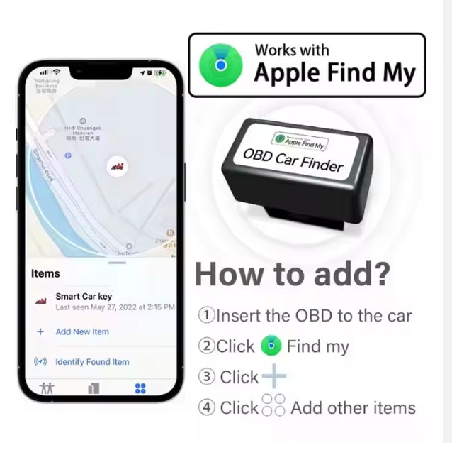 Universal GPS Tracker for Car, Compatible with iPhone & iPad, OBD GPS Locator, Works with Find My Apple Official App متعقب GPS عالمي للسيارة, متوافق مع iPhone و iPad، محدد موقع OBD، يعمل مع تطبيق Find My Apple الرسمي