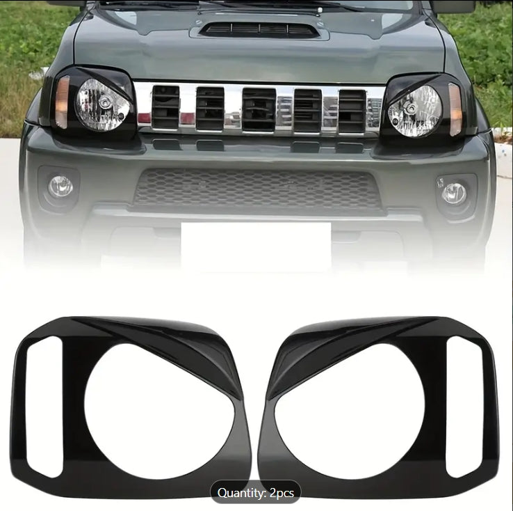 Alayjah, Black Headlight Cover Trim for Suzuki Jimny, 2PCS,2007–2017 Japanese Style, Durable & Easy Upgrade. غطاء أمامي أسود لواجهة المصابيح الأمامية (قطعتان) لسوزوكي جيمني 2007–2017  تصميم ياباني متين وسهل التركيب