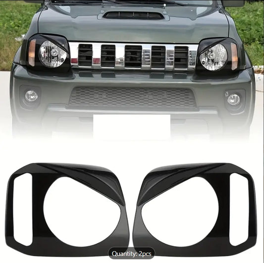 Alayjah, Black Headlight Cover Trim for Suzuki Jimny, 2PCS,2007–2017 Japanese Style, Durable & Easy Upgrade. غطاء أمامي أسود لواجهة المصابيح الأمامية (قطعتان) لسوزوكي جيمني 2007–2017  تصميم ياباني متين وسهل التركيب