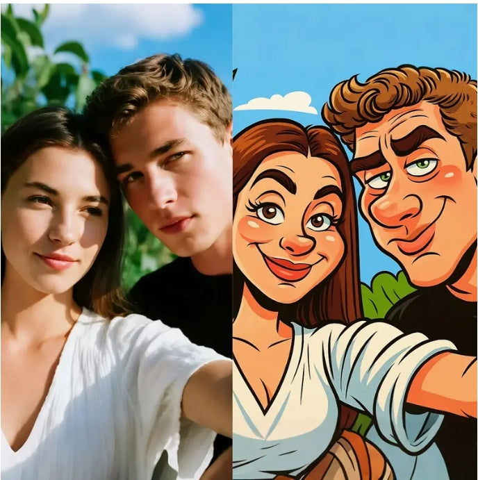 Custom Photo to Cartoon Portrait – Personalized Family & Friends Gift, Framed or Unframed, Modern Wall Art for Home & Office لوحة كرتونية مخصصة من صورتك – هدية شخصية للعائلة والأصدقاء، مؤطرة أو بدون إطار، عمل فني عصري للمنزل والمكتب
