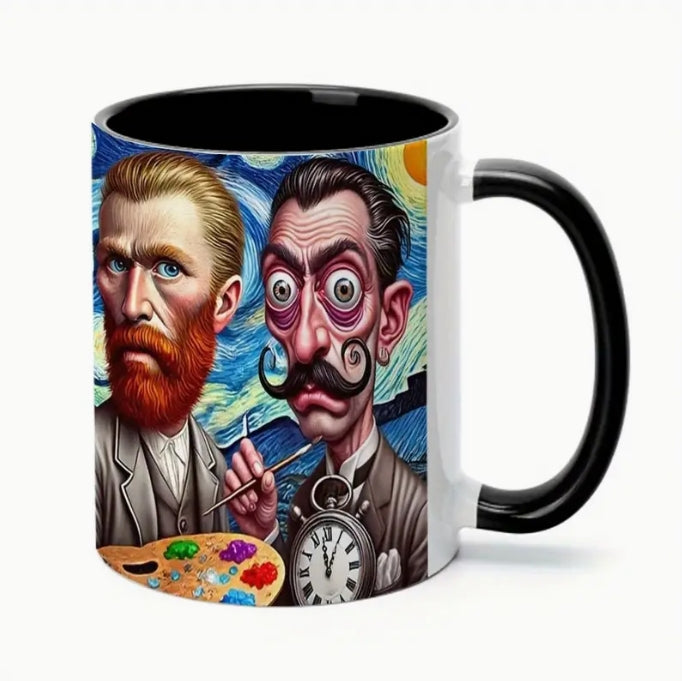 Van Gogh & Dali Funny Art Mug, 11oz Ceramic Coffee Cup, Unique Gift for Art Lovers كوب فان جوخ ودالي الفني, كوب قهوة سيراميك 11 أونصة، هدية فريدة لعشاق الفن