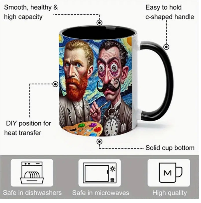 Van Gogh & Dali Funny Art Mug, 11oz Ceramic Coffee Cup, Unique Gift for Art Lovers كوب فان جوخ ودالي الفني, كوب قهوة سيراميك 11 أونصة، هدية فريدة لعشاق الفن
