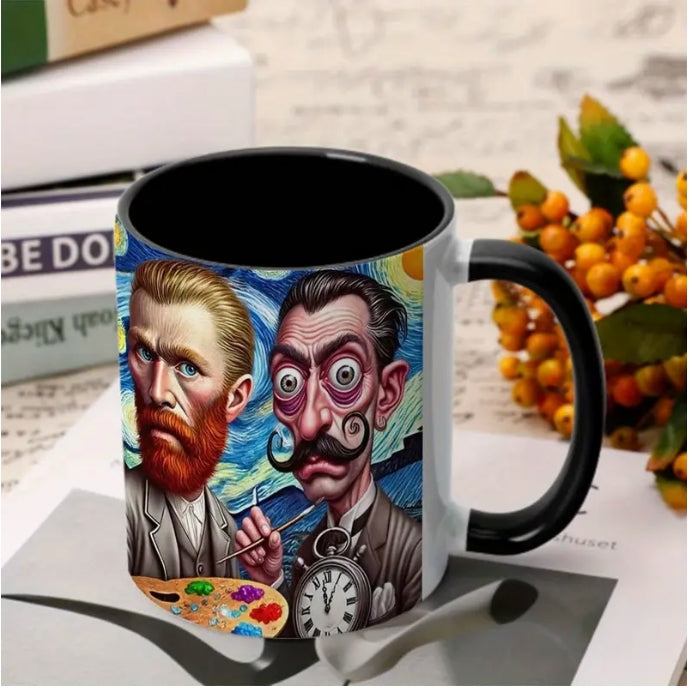 Van Gogh & Dali Funny Art Mug, 11oz Ceramic Coffee Cup, Unique Gift for Art Lovers كوب فان جوخ ودالي الفني, كوب قهوة سيراميك 11 أونصة، هدية فريدة لعشاق الفن