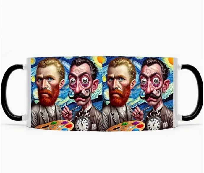 Van Gogh & Dali Funny Art Mug, 11oz Ceramic Coffee Cup, Unique Gift for Art Lovers كوب فان جوخ ودالي الفني, كوب قهوة سيراميك 11 أونصة، هدية فريدة لعشاق الفن