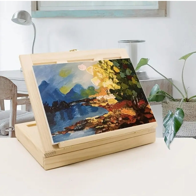 Portable Wooden Desktop Easel Set, Adjustable Canvas Holder with Paintbrushes for Adult Artists  حامل قابل للتعديل مع فراشي رسم للفنانين الكبار