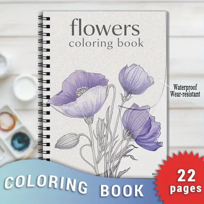 Adult Flower Coloring Book, 22 Floral Designs, Relaxation & Creativity, Spiral Bound, High-Quality Pages كتاب تلوين للكبار, 22 تصميم زهري، للاسترخاء والإبداع، تجليد حلزوني، صفحات عالية الجودة