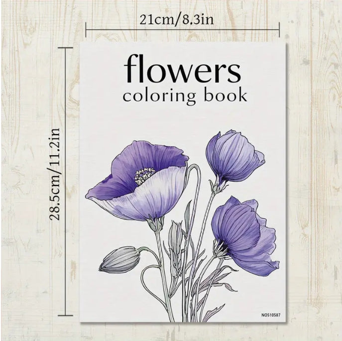 Adult Flower Coloring Book, 22 Floral Designs, Relaxation & Creativity, Spiral Bound, High-Quality Pages كتاب تلوين للكبار, 22 تصميم زهري، للاسترخاء والإبداع، تجليد حلزوني، صفحات عالية الجودة