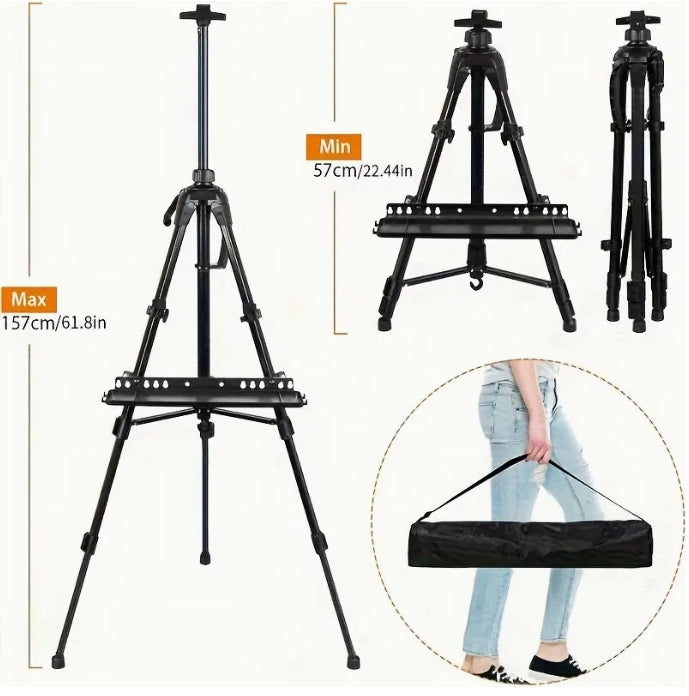 Adjustable Metal Easel, Portable 3-Leg Stand for Canvas & Tabletop Painting, 55.88–154.94 cm, Carry Bag Included حامل رسم معدني قابل للتعديل, قاعدة ثلاثية الأرجل للرسم على اللوحات والطاولات، 55.88–154.94 سم، مع حقيبة حمل