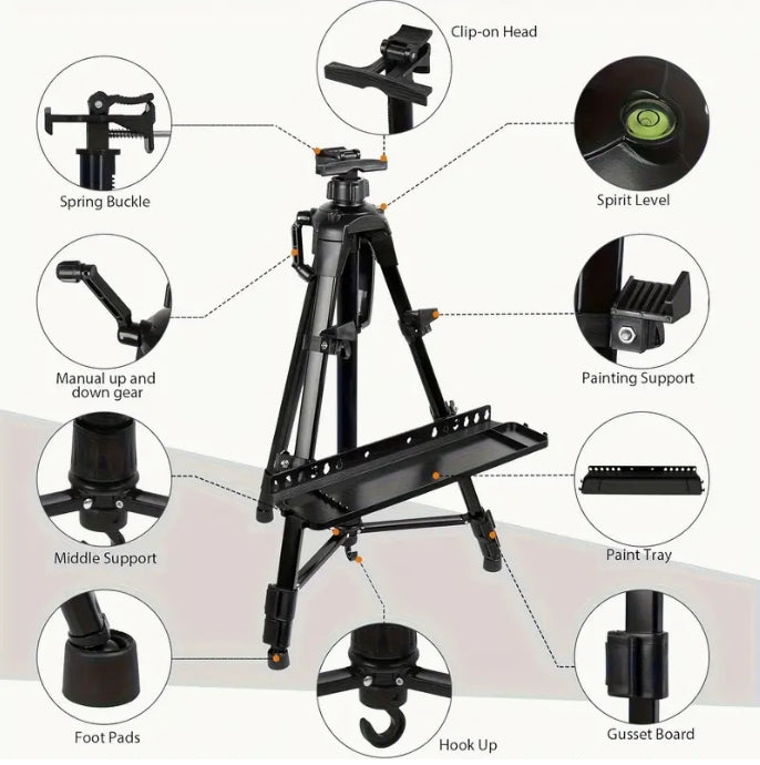 Adjustable Metal Easel, Portable 3-Leg Stand for Canvas & Tabletop Painting, 55.88–154.94 cm, Carry Bag Included حامل رسم معدني قابل للتعديل, قاعدة ثلاثية الأرجل للرسم على اللوحات والطاولات، 55.88–154.94 سم، مع حقيبة حمل