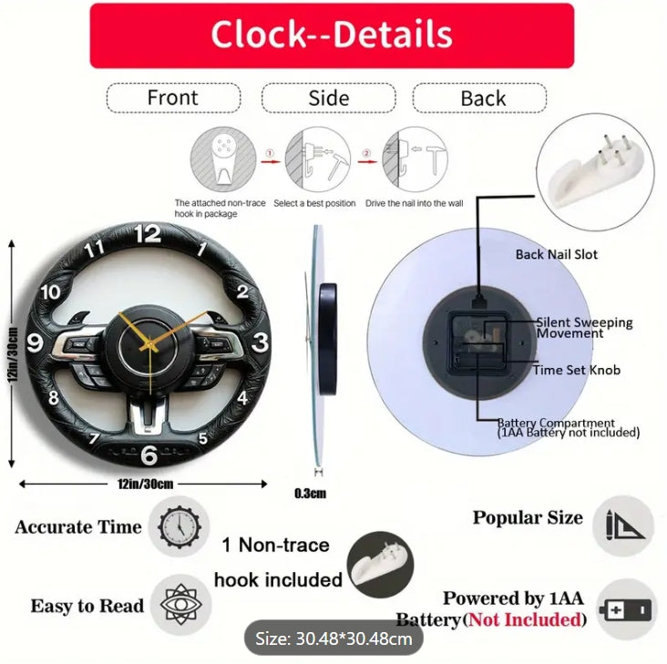 Alayjah, Car Wheel Hub Wall Clock,1 pc, Silent Round Glass Clock, Car-Themed Decor & Gift ساعة حائط بتصميم جنط سيارة من, زجاجية دائرية بصوت صامت، ديكور وهديّة لمحبي السيارات