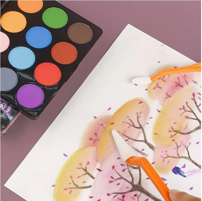 Superfine Carbon Powder with Rod & Sponge, Water-Soluble Graphite for Sketching & Shading بودرة بان باستيل بافائقة النعومة مع أداة خلط وإسفنجة, جرافيت قابل للذوبان في الماء للرسم والتظليل