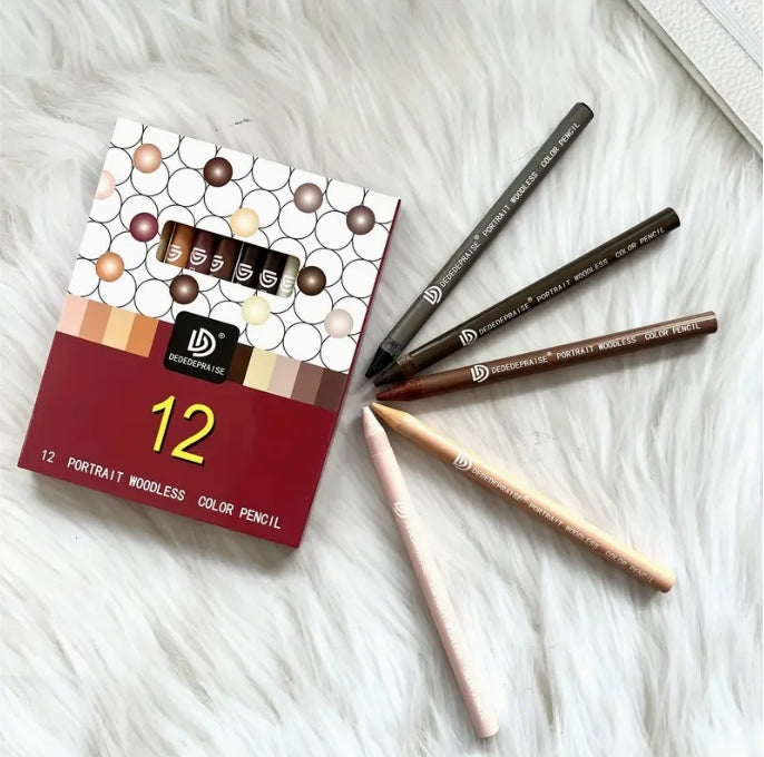DEDEDEPRAISE 12 Woodless Color Pencils, Pre-Sharpened, Vibrant Colors for Portrait & Animal Art أقلام تلوين خشبية بدون غلاف 12, مدببة مسبقًا، ألوان زاهية للبورتريه والفن