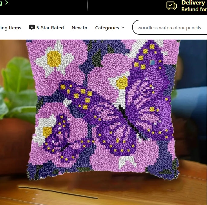 Butterfly & Floral Latch Hook Kit, 43x43cm DIY Pillow Cover, Vibrant Colors خياطة لاصقة بتصميم الفراشة والزهور, غطاء وسادة 43×43 سم، ألوان زاهية