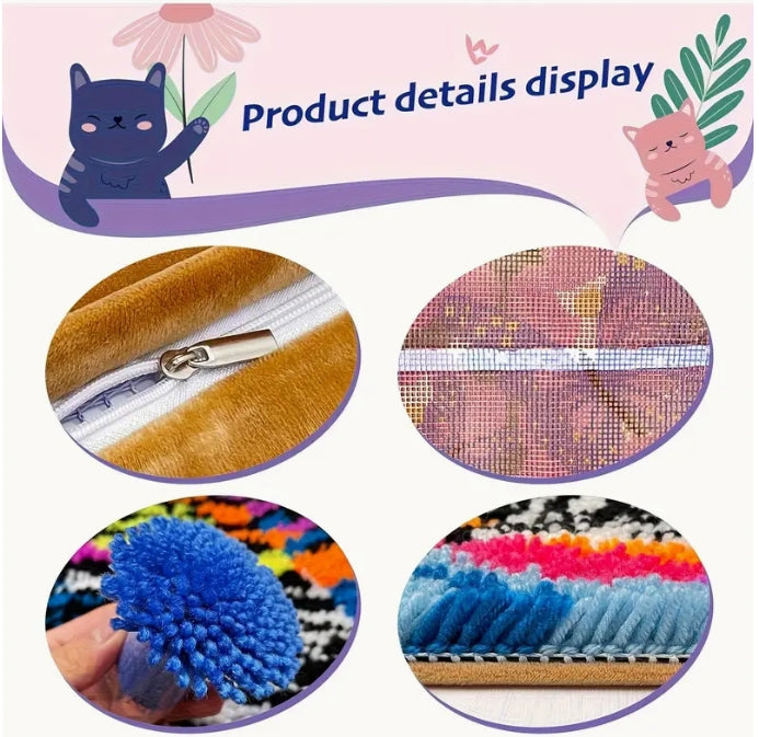 Butterfly & Floral Latch Hook Kit, 43x43cm DIY Pillow Cover, Vibrant Colors خياطة لاصقة بتصميم الفراشة والزهور, غطاء وسادة 43×43 سم، ألوان زاهية