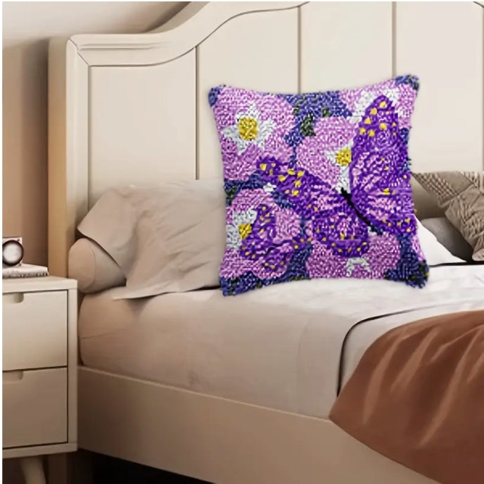 Butterfly & Floral Latch Hook Kit, 43x43cm DIY Pillow Cover, Vibrant Colors خياطة لاصقة بتصميم الفراشة والزهور, غطاء وسادة 43×43 سم، ألوان زاهية