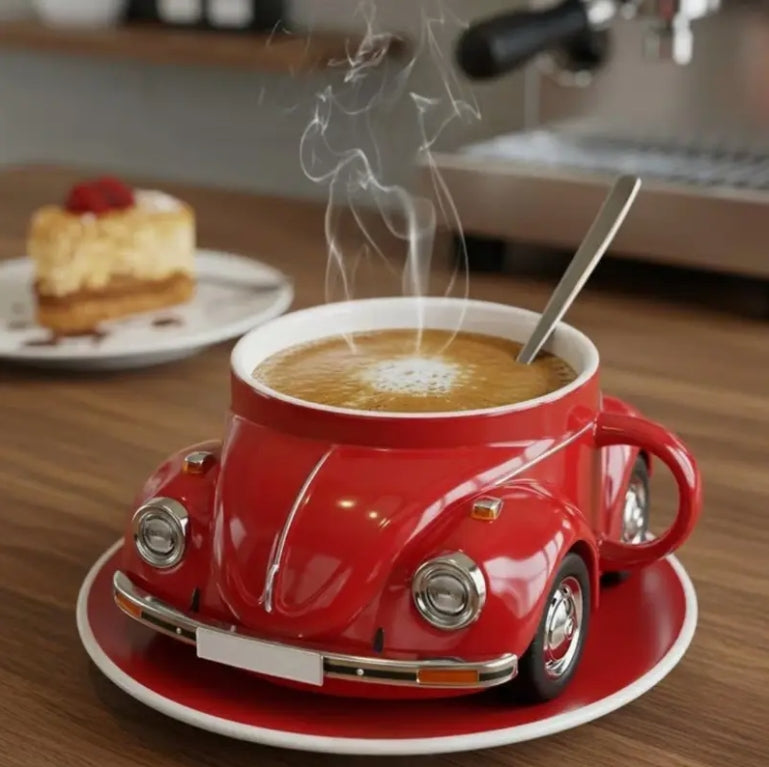 Car-Shaped Coffee Mug, Resin Shell, Stainless Steel Inside, Retro Style Gift for Car Lovers كوب قهوة على شكل سيارة, غلاف راتنج، داخل ستانلس ستيل، تصميم كلاسيكي، هدية لعشاق السيارات