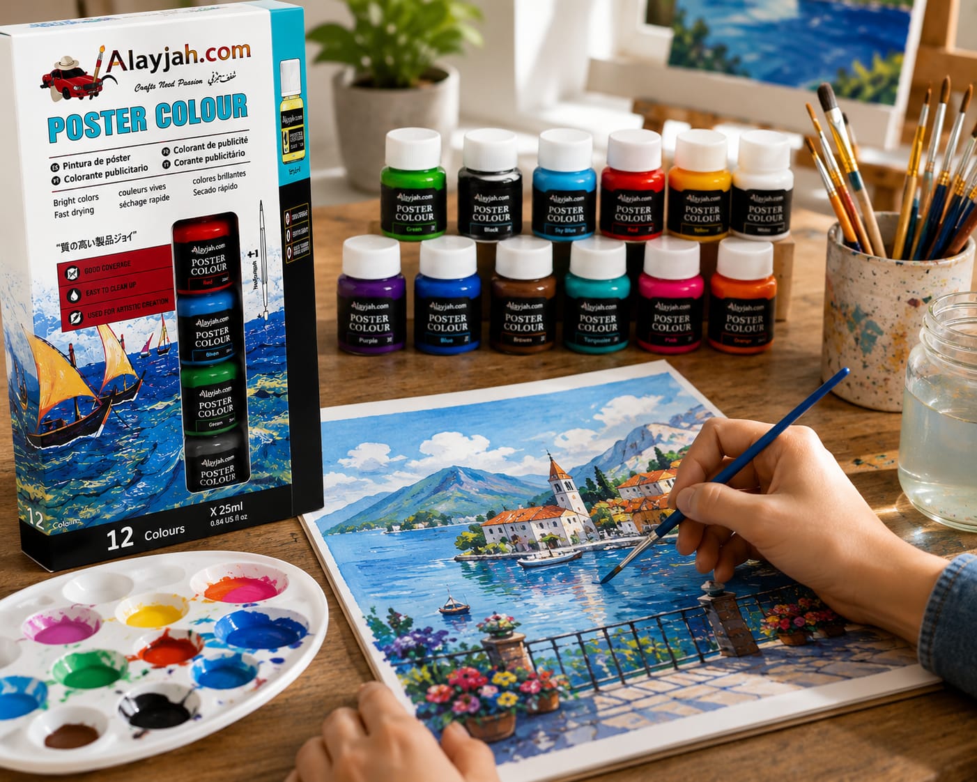 12-Color Poster Paint Set, Non-Toxic Art Kit for Students & Wall Projects  ألوان بوستر من 12 لونًا، آمن وغير سام للطلاب ومشاريع الرسم على الجدران