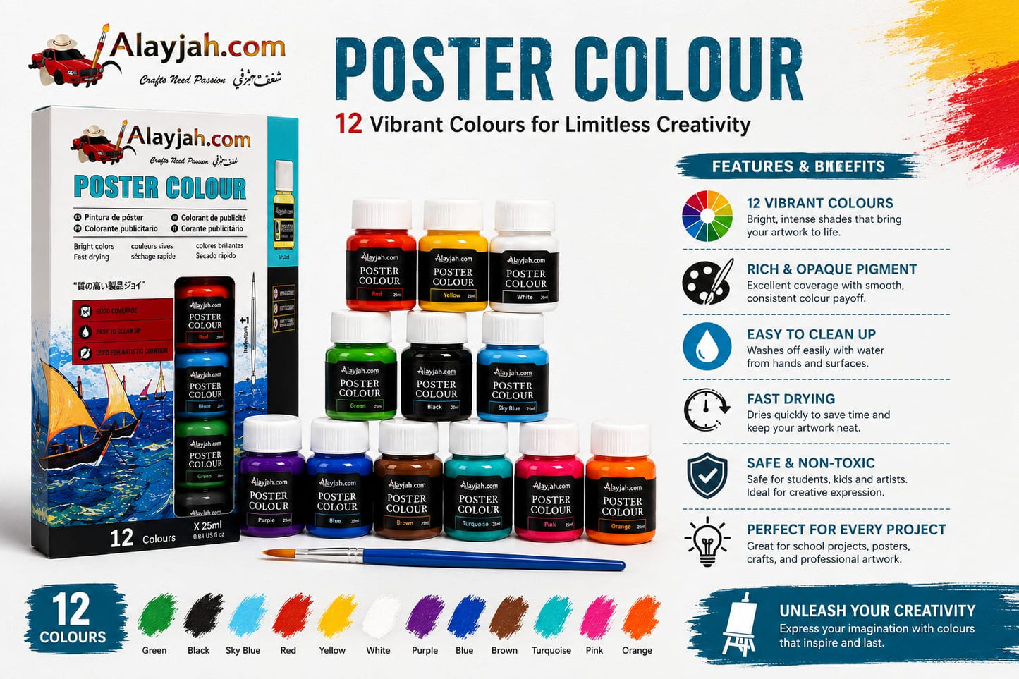 12-Color  Poster Paint Set, Non-Toxic, Hand-Painted, Safe for Kids & Students 20100176  ألوان بوستر 12 لونًا، غير سام، مرسوم يدويًا، آمن للأطفال والطلاب