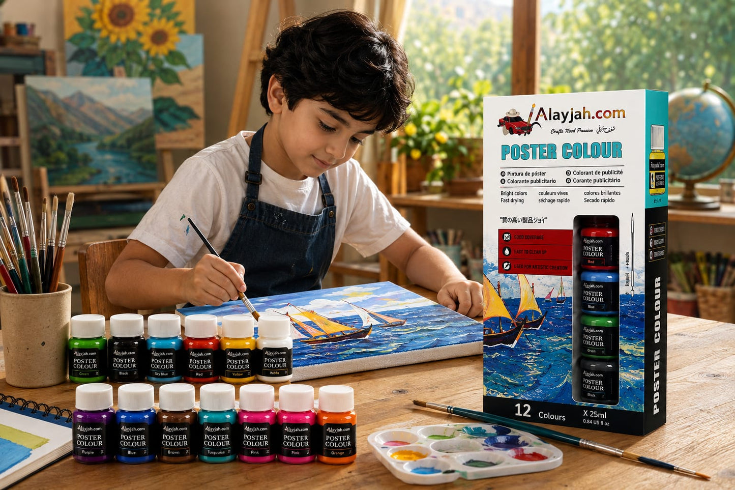 12-Color Poster Paint Set, Non-Toxic Art Kit for Students & Wall Projects  ألوان بوستر من 12 لونًا، آمن وغير سام للطلاب ومشاريع الرسم على الجدران