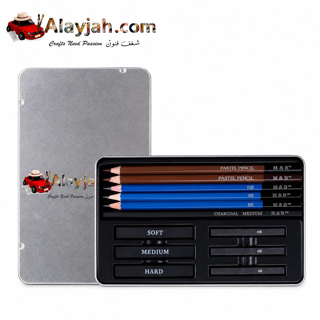 Alayjah, 12-Piece Mini Portable Art Set, Sketching, Pastel & Charcoal Pencil Kit for Travel & On-the-Go Creativity،   طقم أقلام رسم وباستيل وفحم مثالي للسفر والإبداع أثناء التنقل