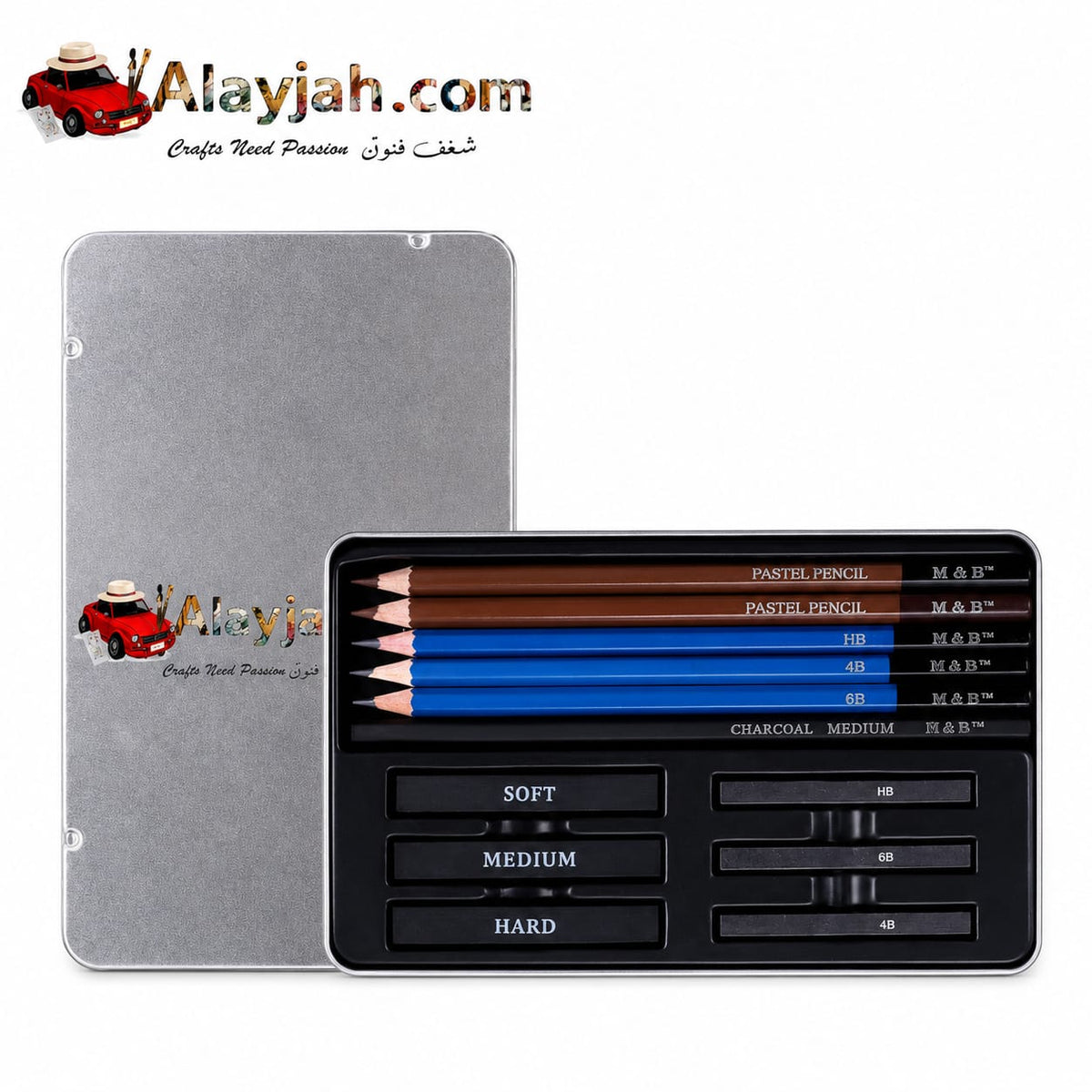 Alayjah, 12-Piece Mini Portable Art Set, Sketching, Pastel & Charcoal Pencil Kit for Travel & On-the-Go Creativity،   طقم أقلام رسم وباستيل وفحم مثالي للسفر والإبداع أثناء التنقل (Special Prices for Sellers اسعار خاصة للتجار )